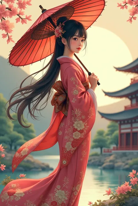 ragazza giapponese full body stile anime, col tuppo,kimono e ombrello vecchio stile giapponese 