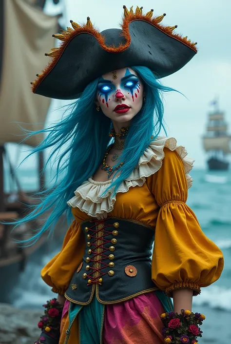 A female pirate character wearing clown clothing and makeup with glowing dark blue eyes 