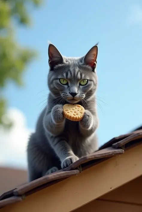 A gray cat with a malicious expression,  with short fur and bright green eyes ,  sits on a light brown wooden roof .  He holds a small cookie in his front leg ,  with a provocative expression and looking straight at the dog in the yard.  The sky in the bac...