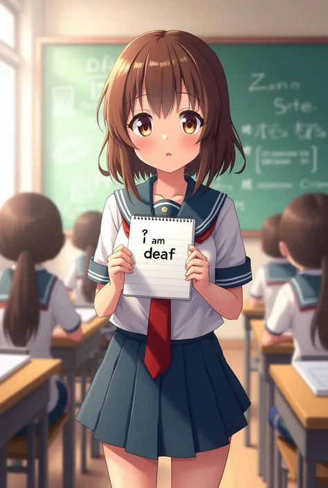 college deaf girl, brown hair, holding a notebook with "I am deaf" written on it, school uniform, in class, standing up, anime, 