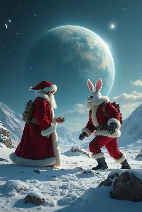  Make planet Earth in an apocalyptic future where robots decided to enslave the entire humanity and make Santa Claus and the Easter Bunny fighting using superpowers in an intergalactic ship fleeing from that planet where both were fighting after an argumen...