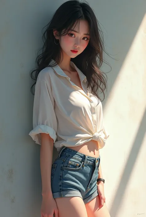 A beautiful woman, thin, Asian anime-style woman in a white ,  showing the belly,  blouse and denim shorts leaning against a wall in front of the camera