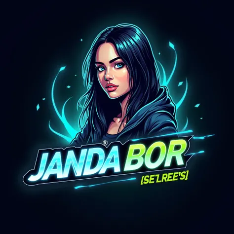 The motorbike racing team logo with icon hot girl
 reads JANDA BOR UP  colour reads glow with a concept image of a glow blue with greenBacklighting, 