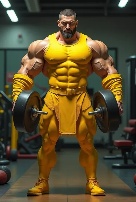 SPARTAN IN A YELLOW SUIT WITH WEIGHTS IN EACH HAND IN A GYM IN THE BACKGROUND WITH YELLOW COLOR 