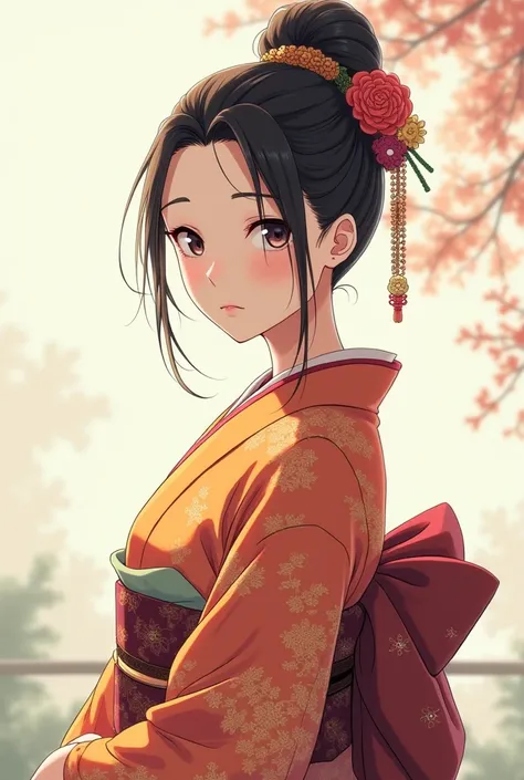 ragazza giapponese full body stile anime, col tuppo,kimono,30 enne