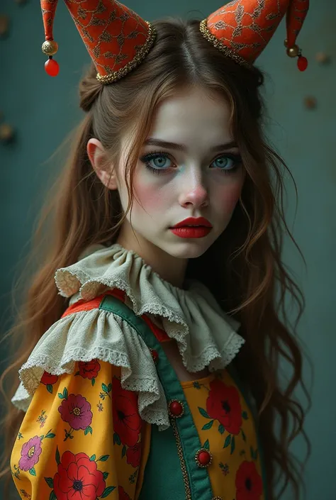 Female character with long brown hair wearing makeup and clown clothing with dark blue eyes