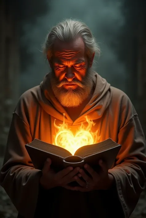  father praying fervently with the Bible with fire coming out of his heart 