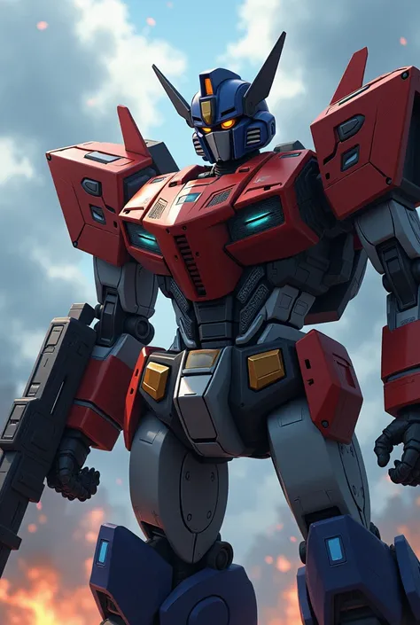  a humanized optimus Prime  (  using the style of the fourth film the era of extension )  this human must be about 30 years old with , a greyish hair  ,Brown eyes ,  with a futuristic weapon , and with , a sword,  the image must be anime style  , realistic...