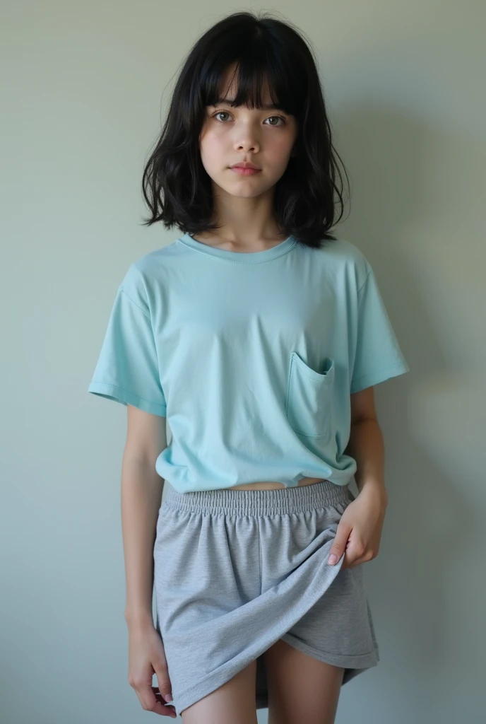 ((((realistic image in real life)))) of a white-skinned teenage girl with light blue eyes and black hair wearing a gray skirt and a light blue t-shirt with a pocket lifto g her gray skirt showing her underwear