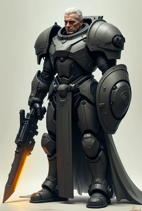  A male warrior with sturdy armor ,  in dark and opaque colors ,  with a mechanical and retrofuturistic design .  The armor has angular and square shapes ,  with sharp details that highlight his age . Instead of a barrel ,  his right arm is fused with a la...