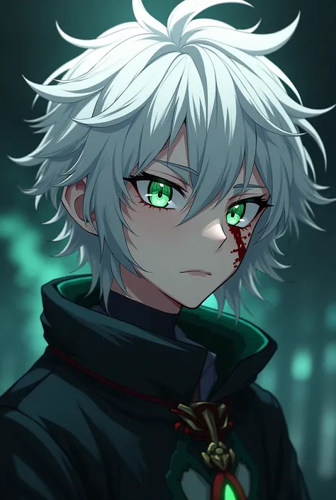 Kimetsu no Yaiba style anime character with white hair, gray hair tips with a scar on his face, green and white eyes looking like a 14-year-old boy