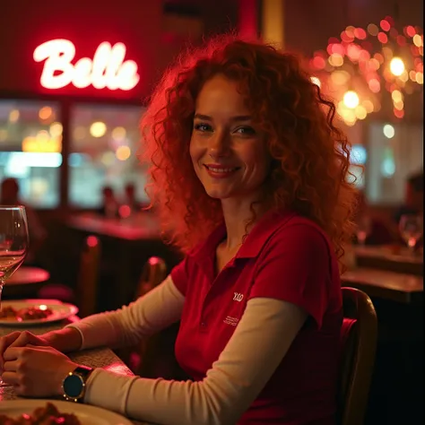 Realistic: A red curly haired lady in his mid 20s wearing red and white long sleeve polo. Sitting on the chair (dinner date in the restaurant) with fireworks and a light sign that says "BELLE" behind her. 