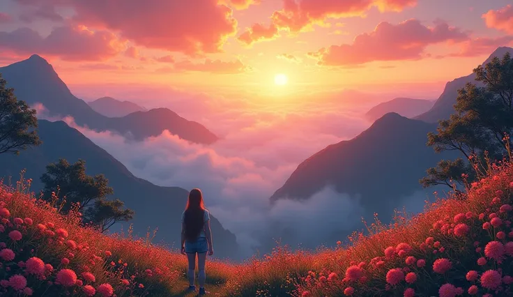 20yo 初音ミク stands on top of a mountain. From there you can see a beautiful landscape:flowers, waterfall sunset