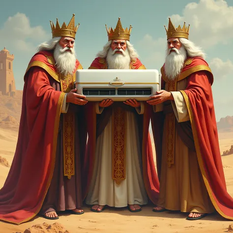 Three Kings giving an air conditioner as a gift