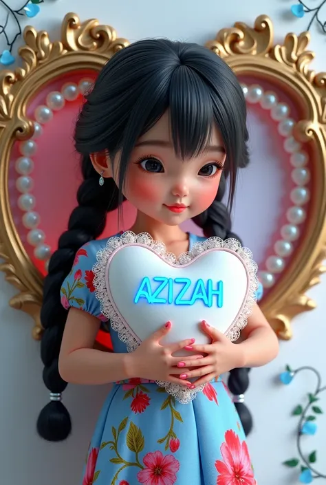 black neon heart logo, inside there is a little asian girl, beautiful and cute, long black hair braided decorated with crystal trinkets. wearing a fashionable blue and red floral top dress.hugging a small white silk heart pillow decorated with lace with a ...