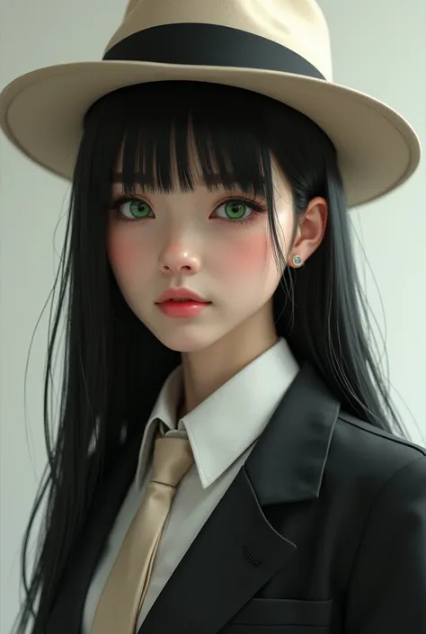  Create an image of a person with straight black hair ,  green eyes, In a black and white suit with a light-skinned hat and tie and whether a male is like a real-life person


