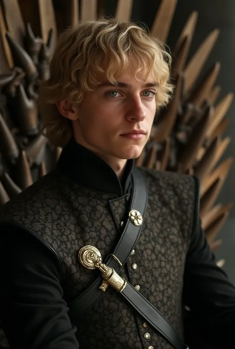  Joffrey Baratheon Very tall for his age [P 1 ][7], green-eyed,  blond , , a well-built handsome young man ,  with a capricious fold of full lips .  Sitting on the Iron Throne from Game of Thrones is his wife Raynerys standing beside him 
At Raynerys 
Face...