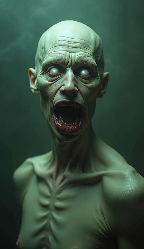 "An ultra-realistic depiction of a human figure with pale, almost translucent skin tinged with a greenish hue, standing in a dim, eerie atmosphere. The face is elongated, with deep wrinkles around the eyes, forehead, and mouth, giving a hauntingly aged and...