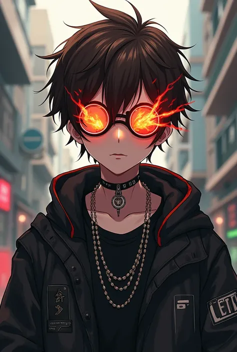 Do more anime style ,  a BLIND character with short brown hair half punk ,  punk clothing and fire-style glasses but half transparent 