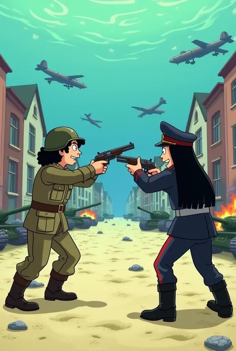 A man with curly long dark hair and a small stubble, dressed in British military uniform and wearing a British helmet, is engaged in a shootout with another man who has straight, very long dark hair. The second man is dressed in a dark Nazi ceremonial unif...