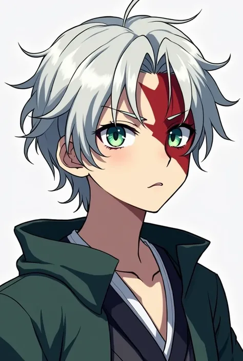  Kimetsu no Yaiba style anime character with white hair and gray tips of hair,  eyes of the color left green and the right white , with a large scar on the face,  in the style of the Taisho era of Japan ,  and looking like a 14-year-old teenager ,  male  