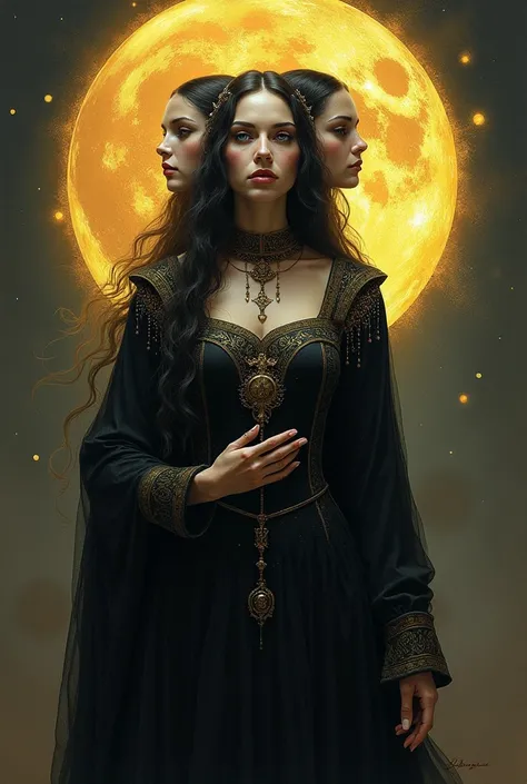  Image of the Goddess Hekate with 3 faces,  Medieval clothing,  golden circle behind her ,  darker colors , mystical effect ,  spiritual and mysterious 