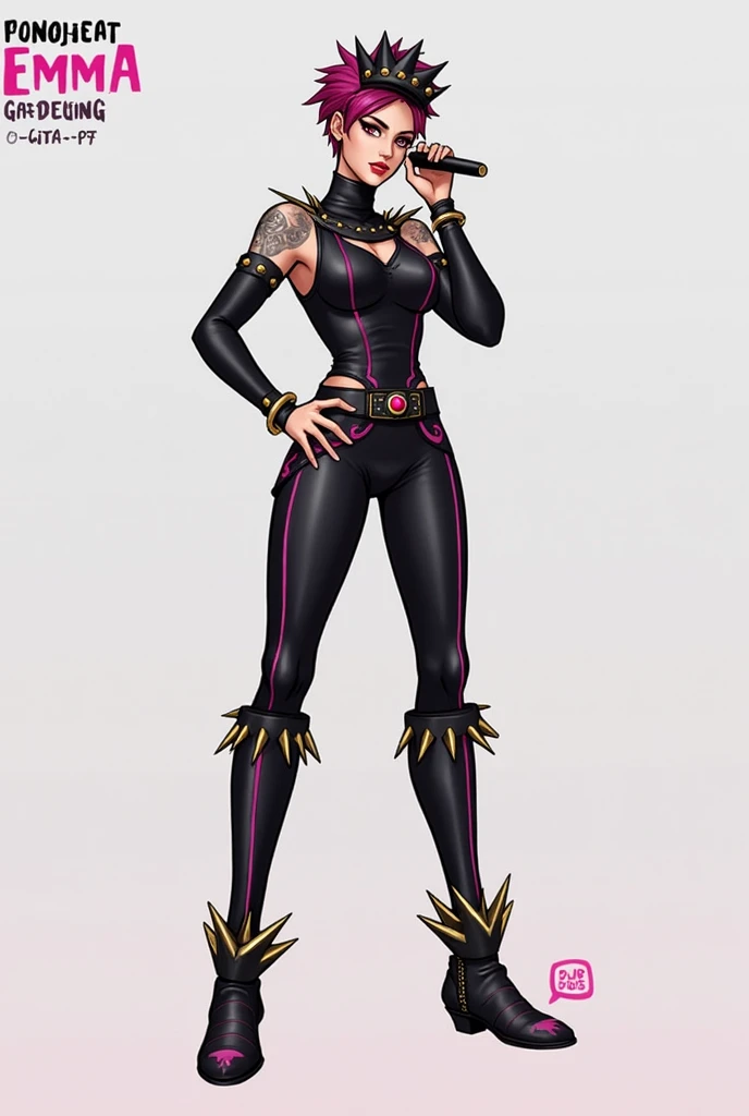 Certainly! Here are some design ideas for Emma using black, pink, and gold, reflecting her playful and rebellious side:
General Appearance:
 * Theme: A "rockstar" or "punk princess" aesthetic, combining elements of rebellion and glamour.
 * Outfit: A black...