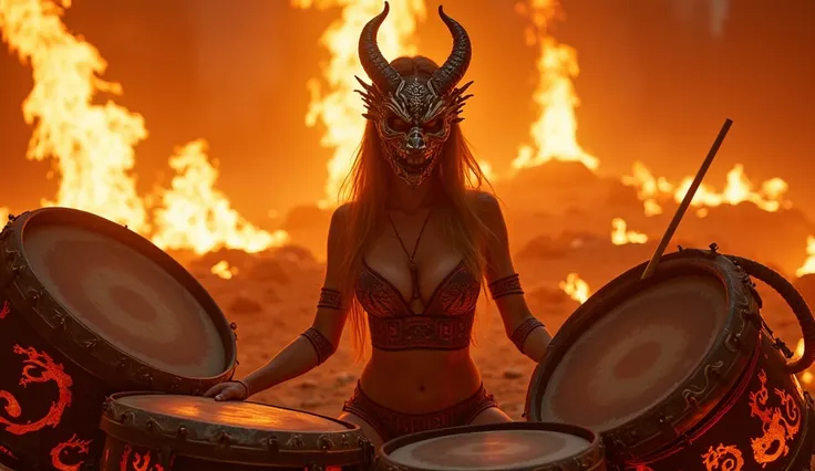 A gorgeous drummer in only lingerie surrounded by giant drums decorated with dragon symbols,  in a setting that mixes incandescent lava and rocks .  The drummer wears a mask shaped like a dragon head ,  while powerful beats cause flames and sparks to come ...