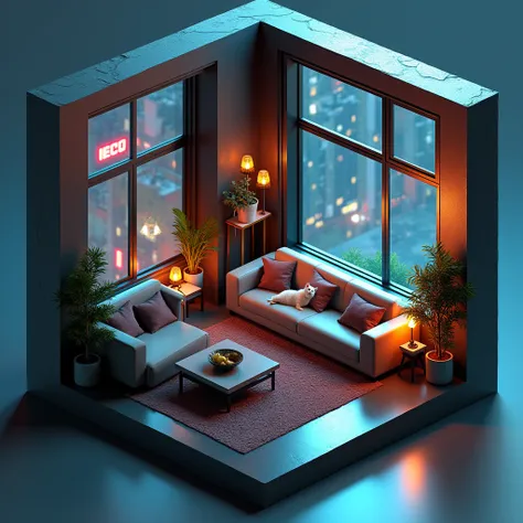 a cube-shaped cutout of an isometric living room, 3d, high detail, ray tracing, photorealistic, ultra-detailed, 8k, best quality, rendering, a cat, detailed interior design, cyberpunk, chuva, modern, large windows, neon lighting, cyberpunk blade ruuner atm...