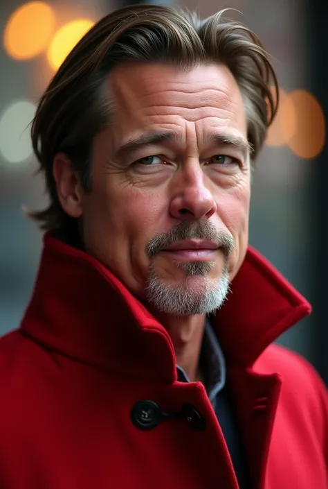 Photo of Brad Pitts face,  red coat,  film, bokeh effect,  Professional, 4K,  very detailed . Poses variadas. 