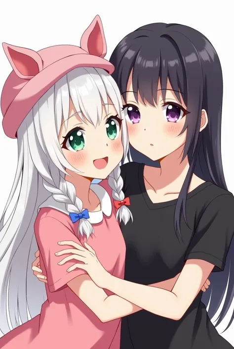 a drawing of 2 pretty girls a girl with green eyes , white hair with braids and 2 bows on each side  ,  pink clothes with white collar  ,  piggy hat  ,  The other girl with long black hair without any accessories on her head ,all-black t-shirt  , Purple ey...