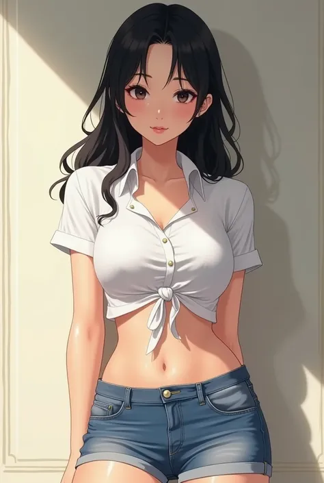 a beautiful, thin, Asian realistic anime style , In a white blouse, Showing the muscular belly,  blouse and denim shorts leaning against a wall in front of the camera,  black hair,  black eyes 