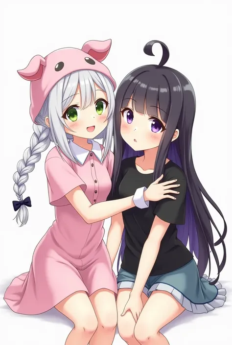 a drawing of 2 pretty girls a girl with green eyes , white hair with braids and 2 bows on each side  ,  pink clothes with white collar  ,  piggy hat  ,  The other girl with long black hair swims on her head  ,all-black t-shirt  , purple eyes sitting huggin...