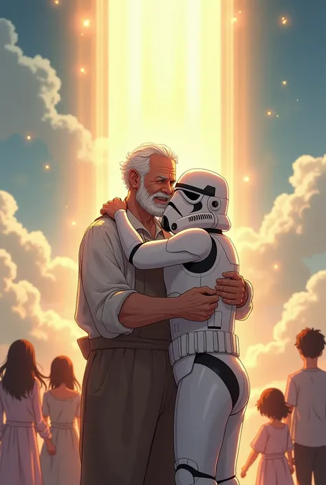  A grandfather and his grandson reaching heaven , happy, and saying hello to his family .  Grandpa is a carpenter and his grandson wears a storm trooper mask from Star Wars.  Do it in anime format .