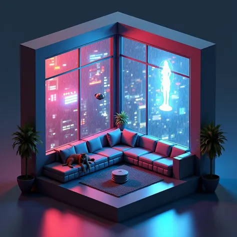 a cube-shaped cutout of an isometric living room, 3d, high detail, ray tracing, photorealistic, ultra-detailed, 8k, best quality, rendering, a cat, detailed interior design, cyberpunk, rain, modern, large windows, holograma bailarina gigantesca e predios e...