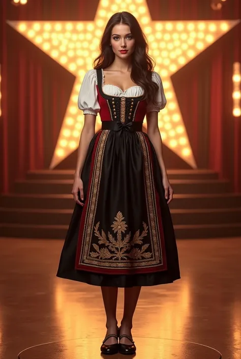 "An ultra-realistic full-body image of a beautiful German woman with fair skin, long, dark brown hair with a subtle sheen, expressive brown eyes, and a symmetrically elegant face. She stands slightly farther back on a reflective stage, allowing her traditi...