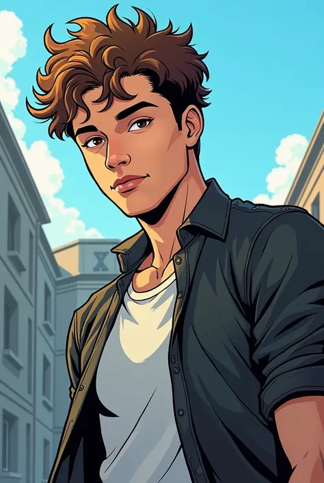 Create a comic book image of a mutant from the X-Men universe. Art by Roger Cruz. A  young and white man. Brown curly hair, same color eyes. Casual clothes, as if you were going out with friends. Behind him, there is Mansion X and blue sky.