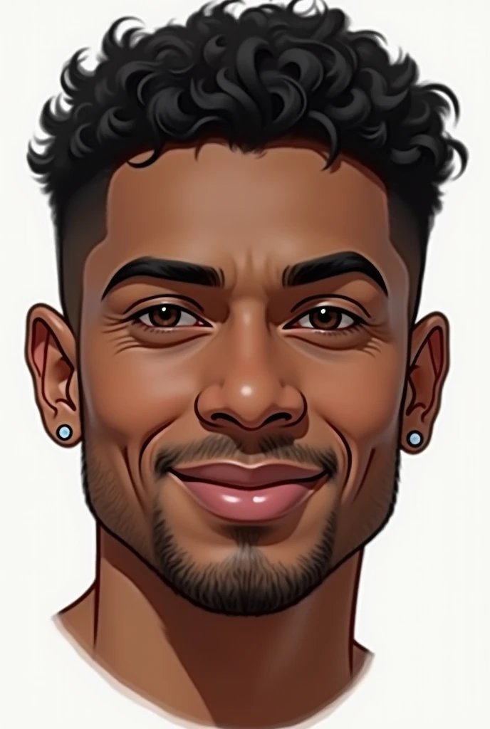 a male face with the following features: medium to dark skin tone, short curly black hair with volume on top, almond-shaped eyes with dark irises, thick natural eyebrows with a gentle arch, a medium-width nose with a rounded tip, full lips with the lower l...