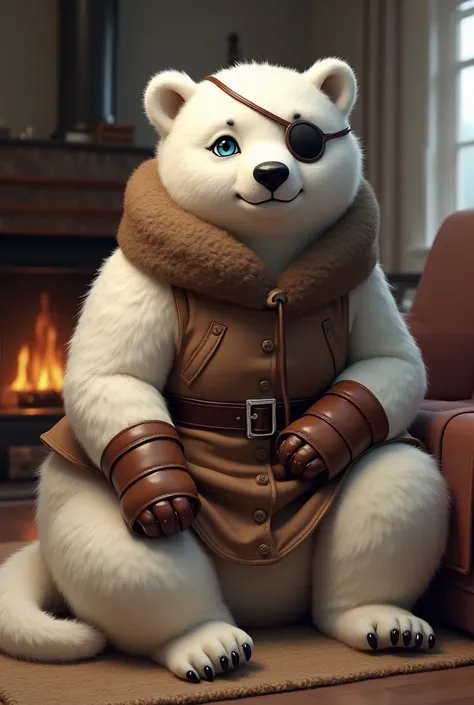 Female anthro polar bear, furry, chubby, sitting pose, brown winter dress, solo, realism, bedroom, fluffy fur, long fluffy fue, living room with chimney, short tail, leather gauntlet, blue eyes, eye patch on left eye, Hyperrealism