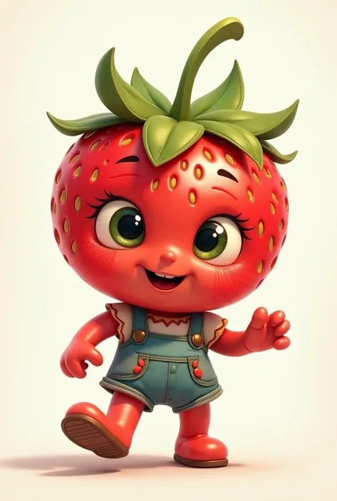 Animation drawing of a strawberry with eyes, mouth, legs, arms with clothes 