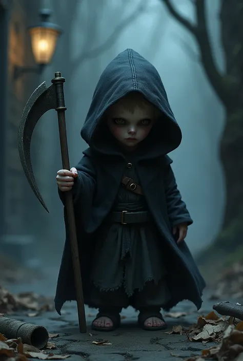 A small human with a sickle and a hood showing his face