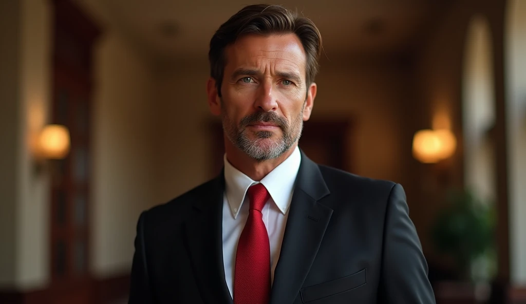 40 year old man, wearing a black suit with a red tie, brown hair and well combed. Physiognomy that commands respect. High definition, cinematic image in 16:9 aspect ratio