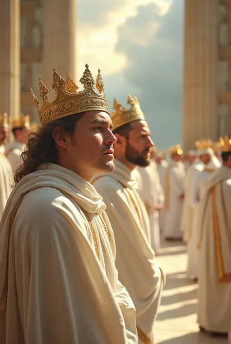 image of men dressed in white robes wearing crowns, they are before a court in heaven, the sky is full of splendor, the court is full of gold and very white marble, their faces are sad, they are being shamed by the heavenly court, there is a throne and hea...