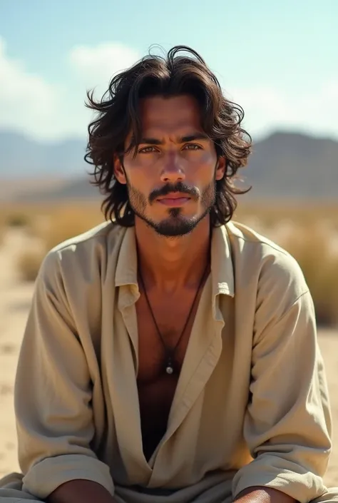  A thin man with light brown skin ,  with dark, wavy shoulder-length hair , short beard and striking face ,  dressed in a simple beige linen tunic ,  sitting in a barren Middle Eastern field ,  surrounded by distant mountains and clear sky.