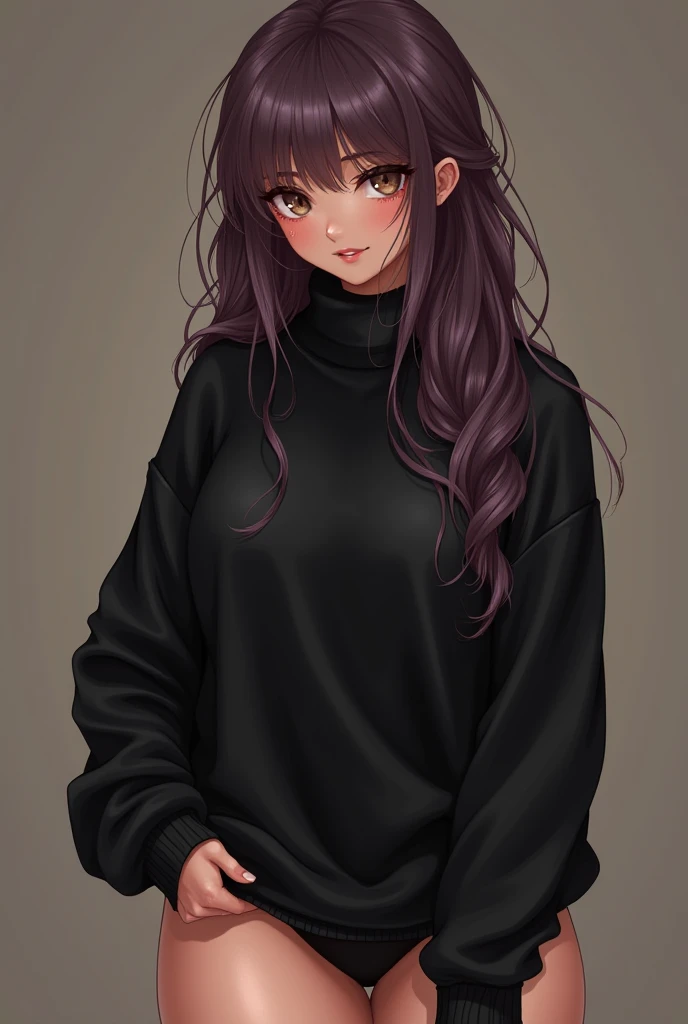 {{Masterpiece}} A busy girl with a cute face, hazel eyes, and long messy purpley brown hair, she has a hourglass figure with big ample breasts and a big ample ass with full hips and big thighs, she is wearing a slightly oversized black turtleneck sweater t...