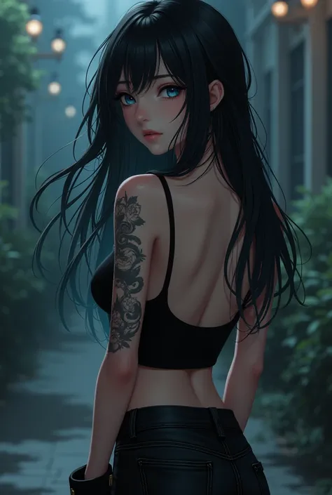 Anime woman/ long black hair/ blue eyes/ plae skin/ attractive/ black top/ black tight jeans/ black boots/ 10 deep scars on her back