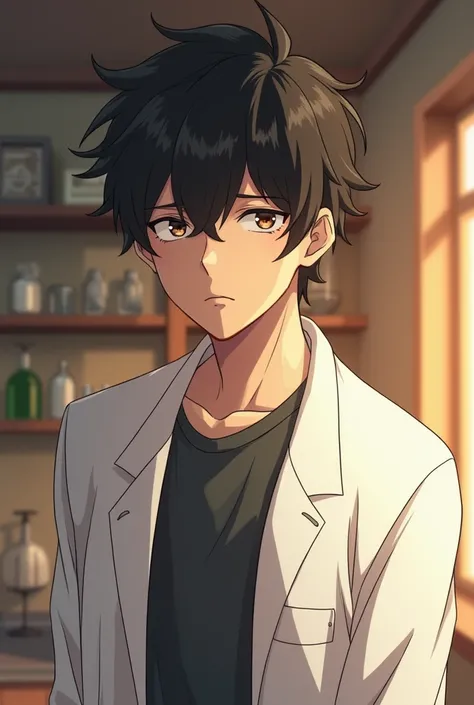  A tall, thin young man ，Unruly short black hair ， with slight scum on his face ，wearing a white lab coat， With a slightly shy but strong expression on his face， The background is a warm indoor lab environment ，Soft Light，Japanese anime style， mature with ...