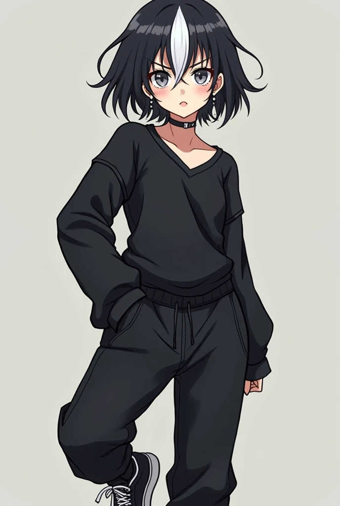  in anime style,  Make a goth woman with short black hair with a white front section and gray eyes,  wearing a black rock jersey  ,  joggers and skate sneakers .