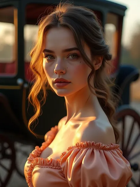 1 woman, living in the Regency Era, wearing a period dress in peach-colored satin fabric, detailed facial features, dark feminine eyes, androgynous beauty, lip beauty mark mole, fair and detailed skin, long golden wavy hair loose, sensual and sexy expressi...