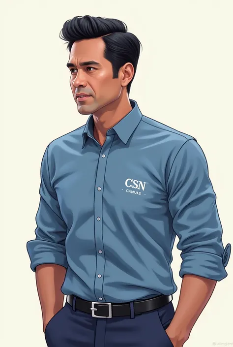  Create a drawing of a 40-year-old boy with black hair blue shirt with the CSN Carvas logo, a more experienced modern gentleman  